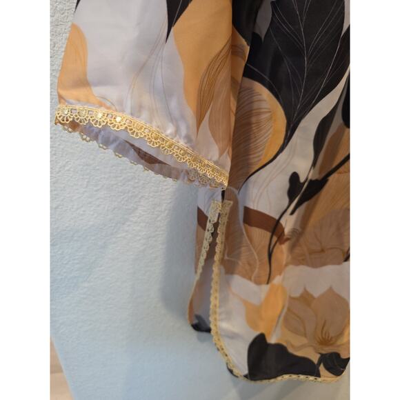 Womens Kaftan Dress BlackGoldBrown Lace Edging Side Vents Boho 70's Art To Wear - Picture 4 of 6